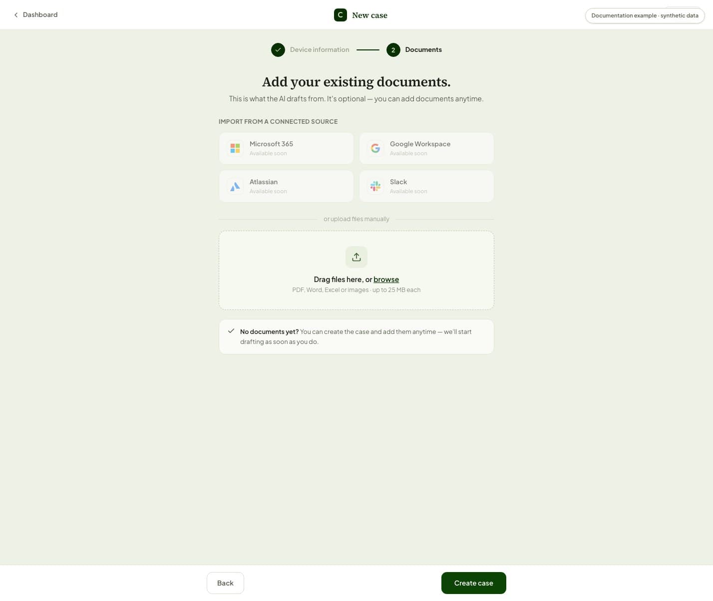 The New case wizard's Documents step with connected sources marked Available soon, a manual upload area, and the Create case action.