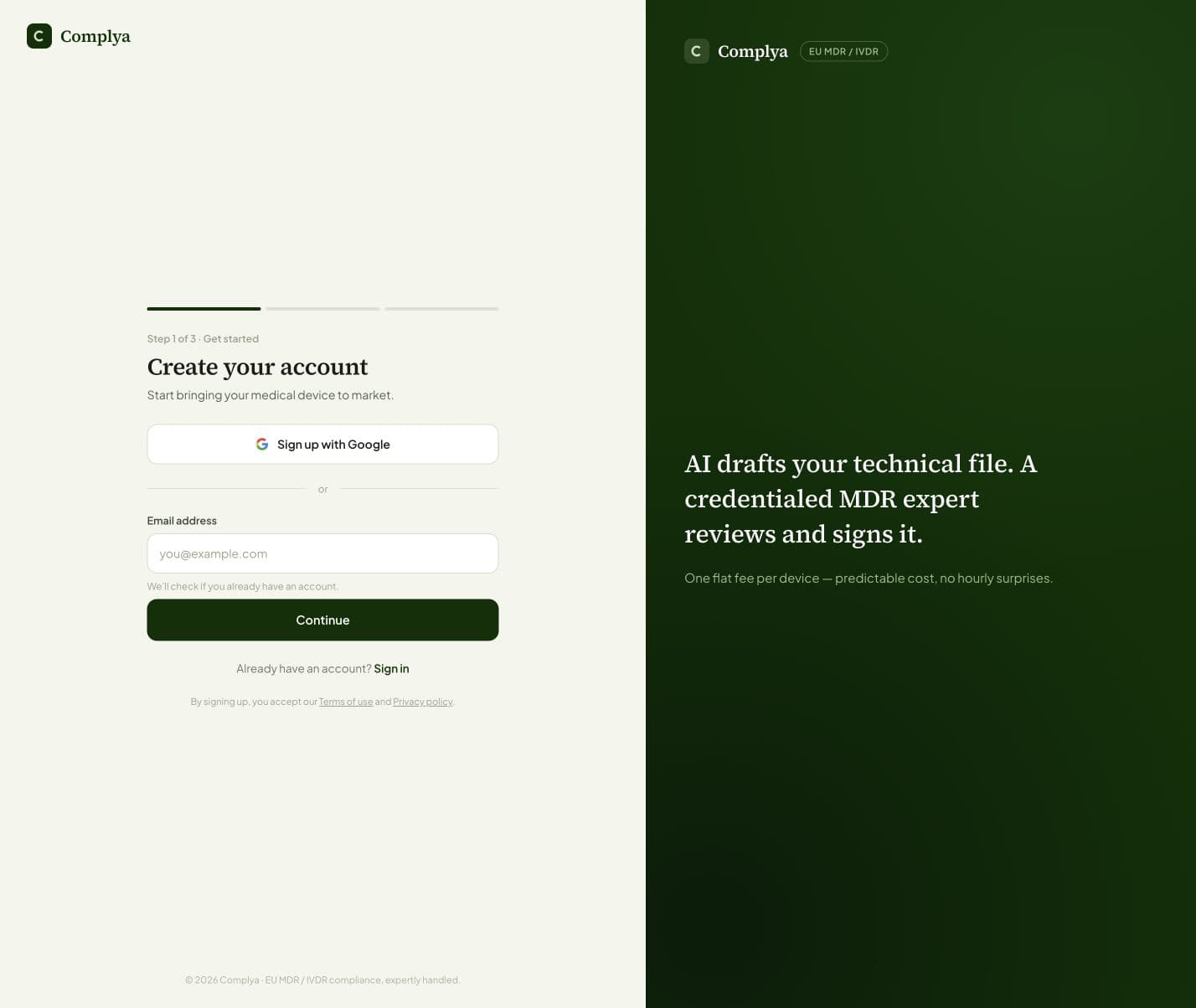 Complya's Create your account screen with Google sign-up and an email address field.