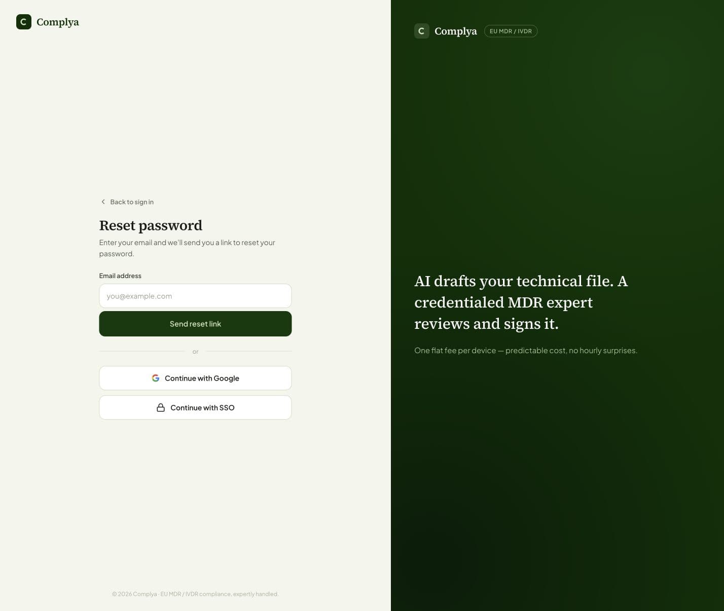 Complya's Reset password screen with an email field and sign-in alternatives.